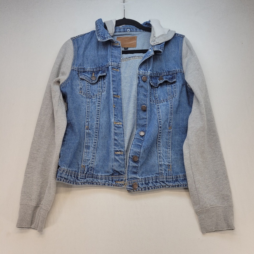 BBJ Denim Jacket Womens Large Blue Gray Hooded Knit Sleeve Mixed Media